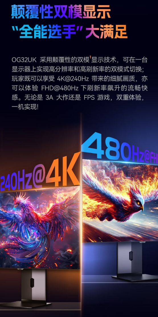 HKC 31.5 英寸显示器 OG32UK 开启预售：4K 240Hz / FHD 480Hz 双模切换，首发 7999 元